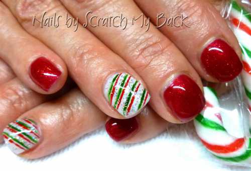 Candy Cane nails in CND Shellac and acrylic paint.